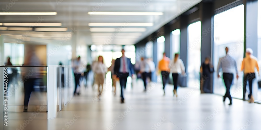 business people walking in bright office lobby fast moving with blurry, crowded office workplace people walking in corridor, busy business people executives walking in office building interior lobby