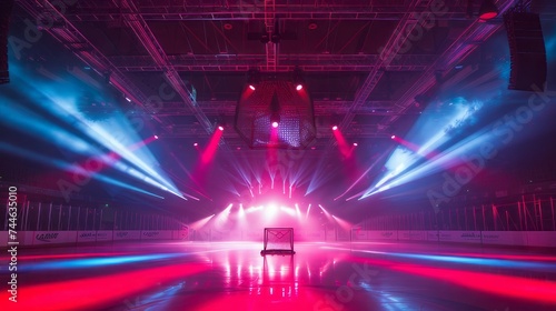 hockey arena, goalie net in center, stage lighting, dramatic
