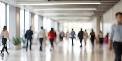 business people walking in bright office lobby fast moving with blurry, crowded office workplace people walking in corridor, busy business people executives walking in office building interior lobby