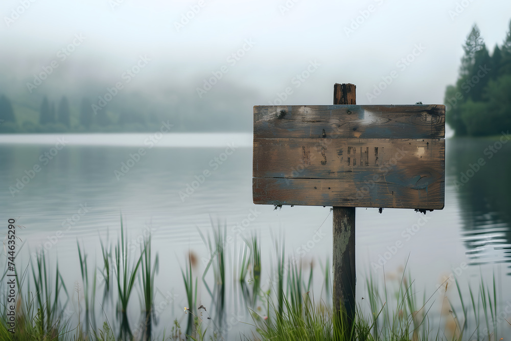 Idyllische Wegführung: Holzschild am See im Wald Idyllische Wegführung: Holzschild am See im Wald