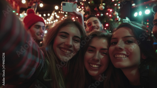 Happy friends taking selfies at a Christmas party. A group of young people smiling for the camera at a nightclub