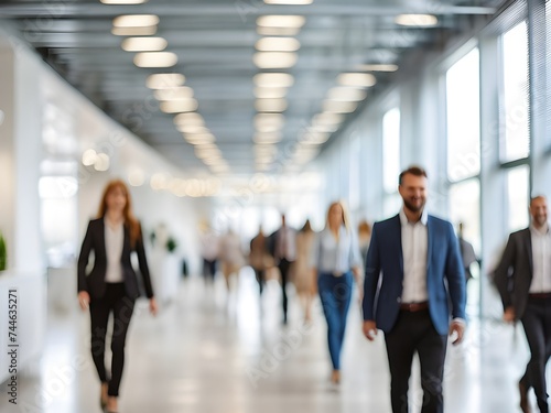business people walking in bright office lobby fast moving with blurry, crowded office workplace people walking in corridor, busy business people executives walking in office building interior lobby © MadeByAnas