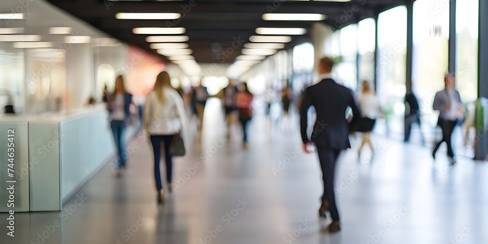 business people walking in bright office lobby fast moving with blurry, crowded office workplace people walking in corridor, busy business people executives walking in office building interior lobby