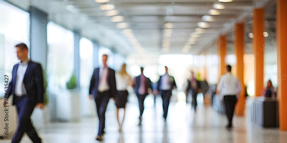 business people walking in bright office lobby fast moving with blurry, crowded office workplace people walking in corridor, busy business people executives walking in office building interior lobby