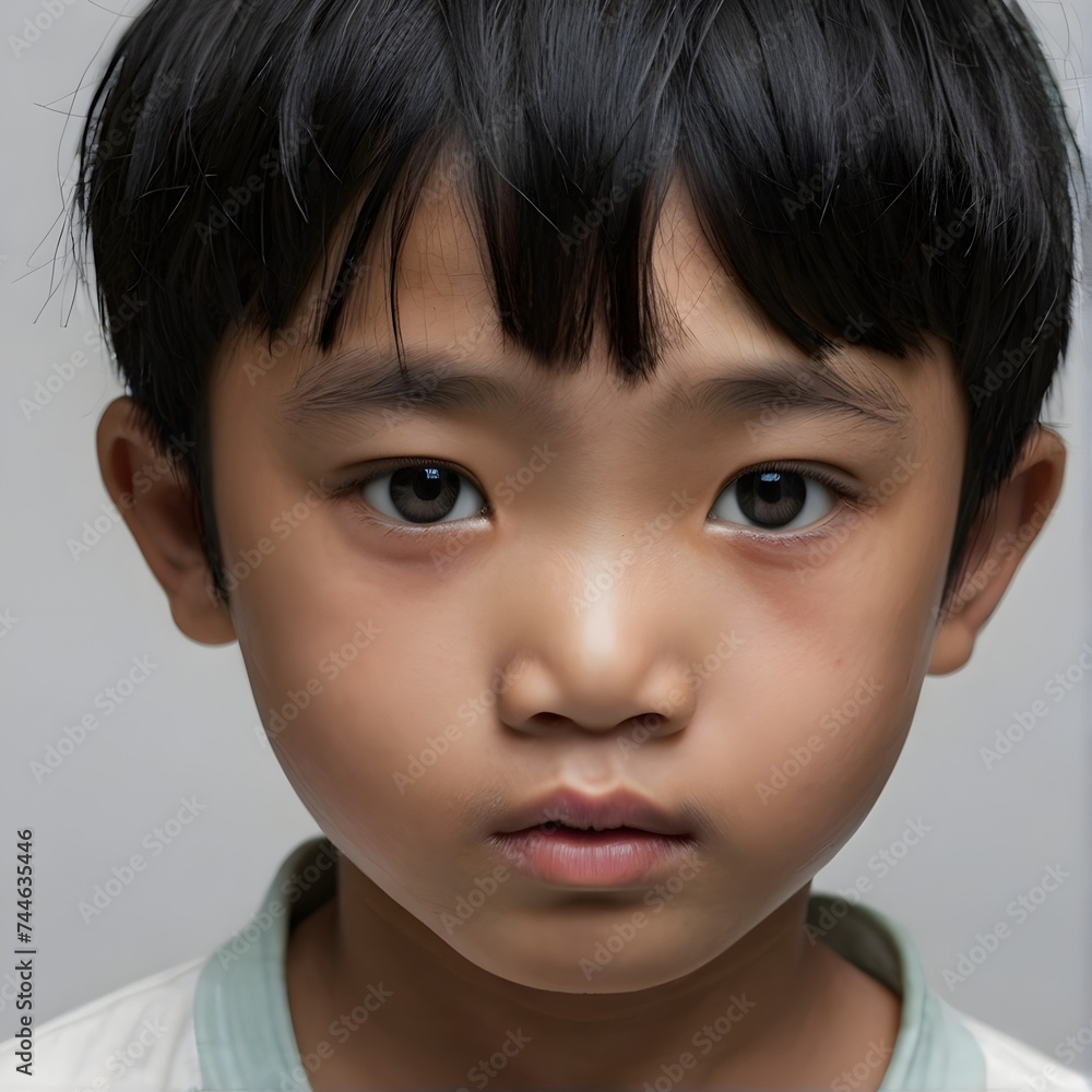 Little japanese boy. Gray background. Generative AI