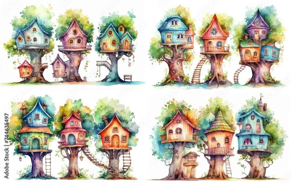 watercolor cartoon treehouse village in forest, collection set isolated on white background, Generative Ai
