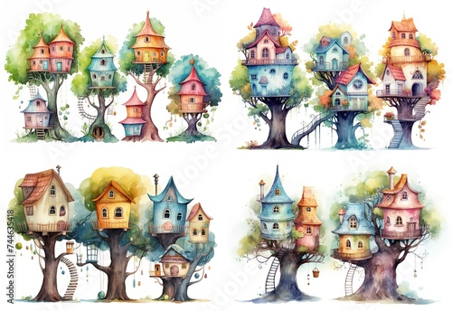 watercolor cartoon treehouse village in forest, collection set isolated on white background, Generative Ai  © QuietWord