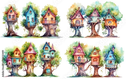 watercolor cartoon treehouse village in forest, collection set isolated on white background, Generative Ai 