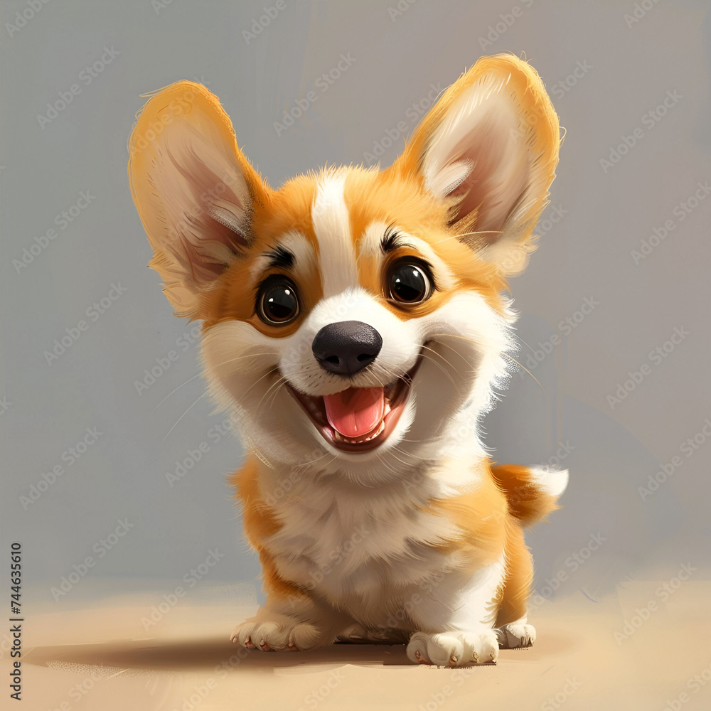 Cute Pembroke Welsh Corgi puppy sitting, looking at camera. realistic image for pet shop, veterinarian clinic Cute Pembroke Welsh Corgi puppy sitting, looking at camera. realistic image for pet shop, veterinarian clinic