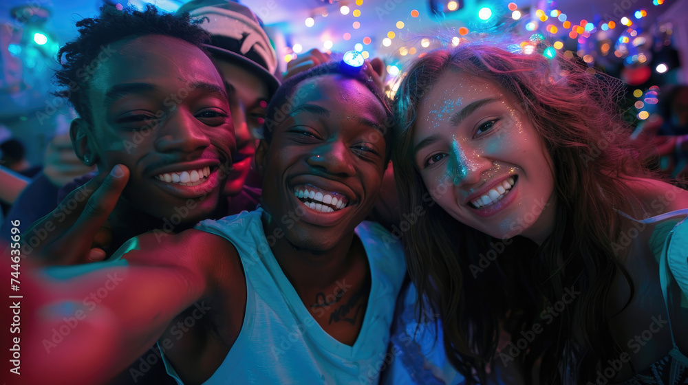 Happy friends taking selfies at a Christmas party. A group of young multiethnic people smiling for the camera at a nightclub