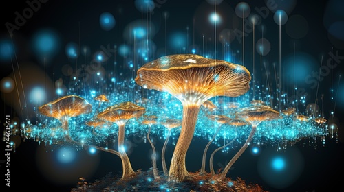 Abstract background with a growing digital mushroom. Machine learning and big data array visual concept. Generative AI
