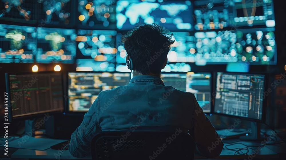 A researcher sitting in front of multiple computer screens, analyzing complex data late into the night. Generative AI.