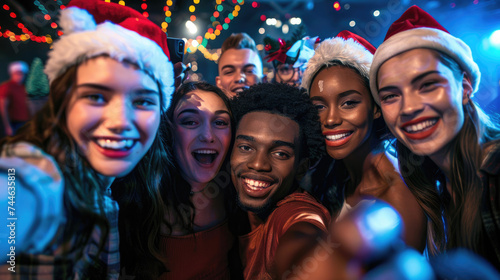 Happy friends taking selfies at a Christmas party. A group of young multiethnic people smiling for the camera at a nightclub