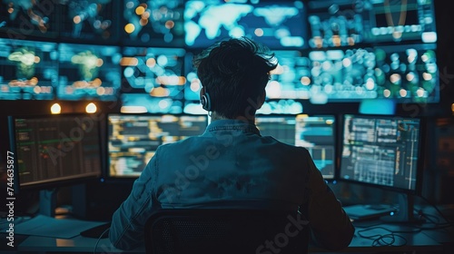 A researcher sitting in front of multiple computer screens, analyzing complex data late into the night. Generative AI. © visoot