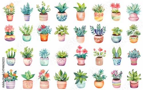 watercolor painting style illustration of cute boho flower pot plants collection set isolated on white background, Generative Ai