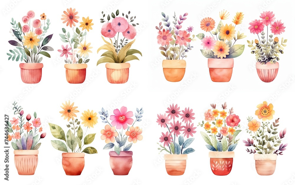watercolor painting style illustration of cute boho flower pot plants collection set isolated on white background, Generative Ai
