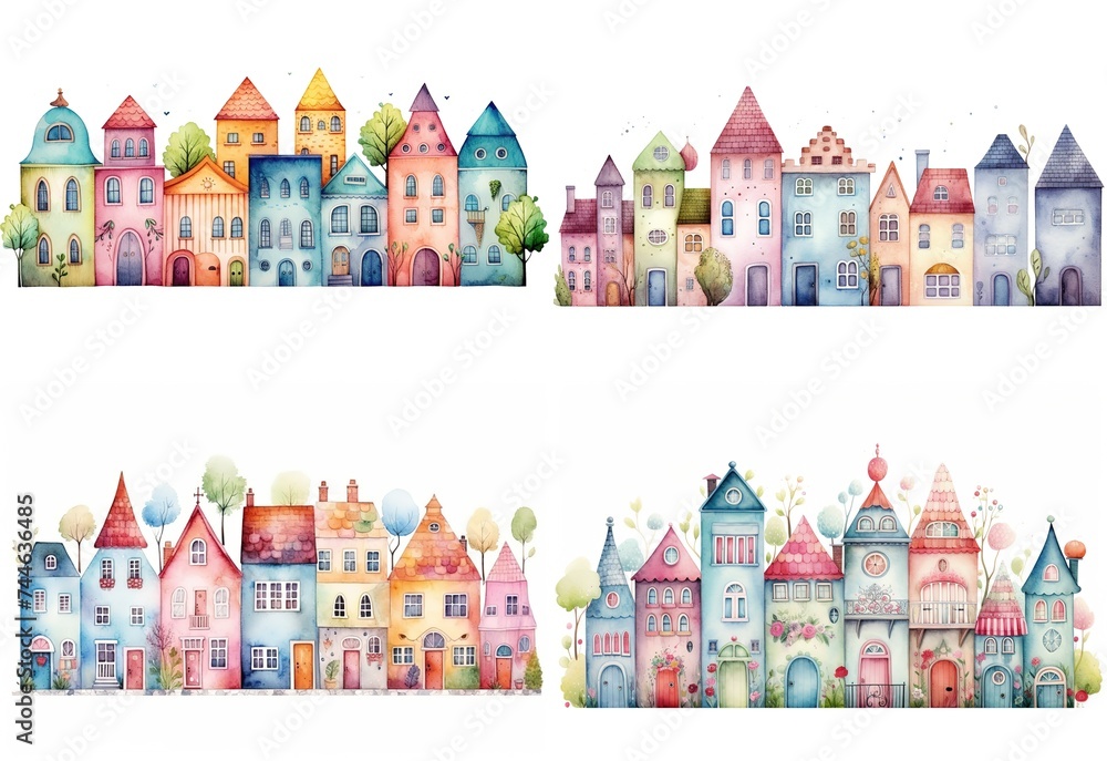 watercolor cartoon illustration, cute whimsical small house, collection set on white background, Generative Ai