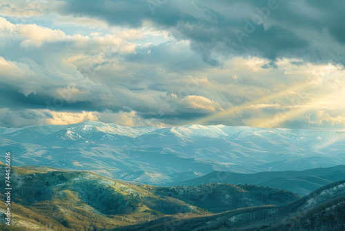 Expansive mountain range panorama with snow-capped peaks  rolling hills.