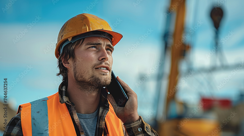 A handsome strong field technician speaking over the phone at construction site, good weather. Generative AI. A handsome strong field technician speaking over the phone at construction site, good weather. Generative AI.