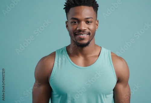 A fit man in a green tank top stands confidently against a teal background. His expression is friendly and inviting.