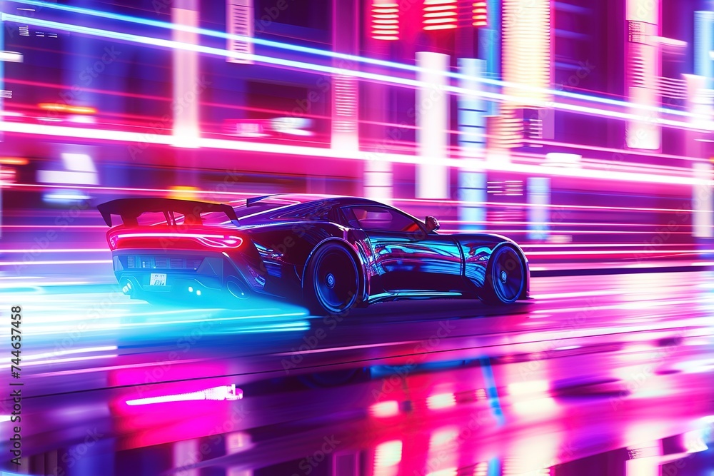 Sleek sports car darting through city streets, neon lights and skyscrapers streaking into abstract patterns behind it. 