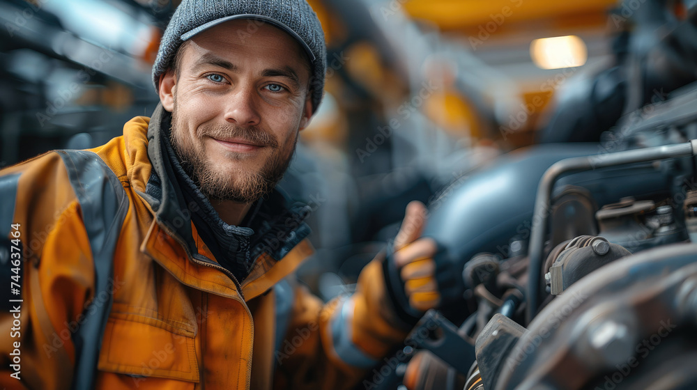 A diesel engine mechanic next to a big diesel engine, giving a thumbs up. Generative AI.