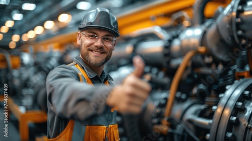 A diesel engine mechanic next to a big diesel engine, giving a thumbs up. Generative AI. © visoot