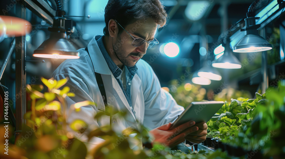A focused male scientist meticulously analyzes plant health on a digital tablet, In the heart of a hydroponic farm surrounded by vibrant greenery under the glow of LED lights. Generative AI.