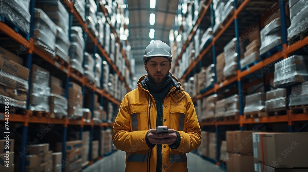Fototapeta premium A worker holding a smartphone in a warehouse. Generative AI.