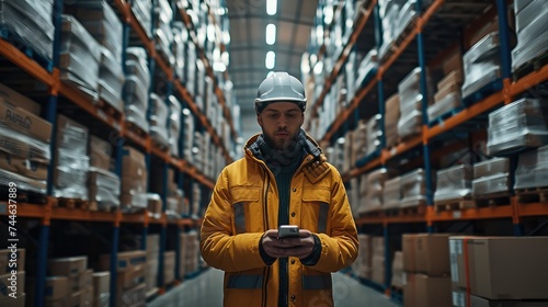 A worker holding a smartphone in a warehouse. Generative AI.