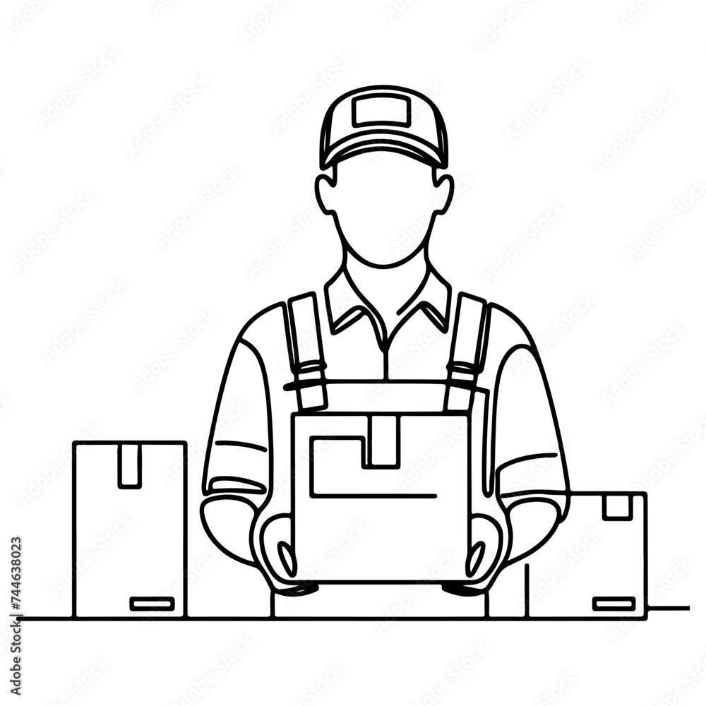 continuous one single black line drawing delivery man standing and holding box with parcel post box vector logistic concept. continuous one single black line drawing delivery man standing and holding box with parcel post box vector logistic concept.