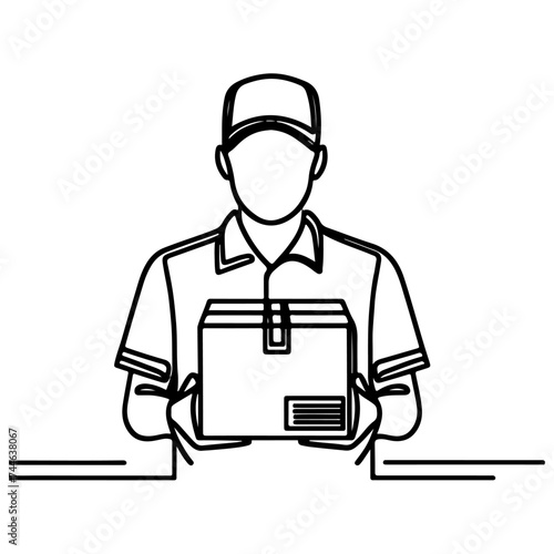 continuous one single black line drawing delivery man standing and holding box with parcel post box vector logistic concept.