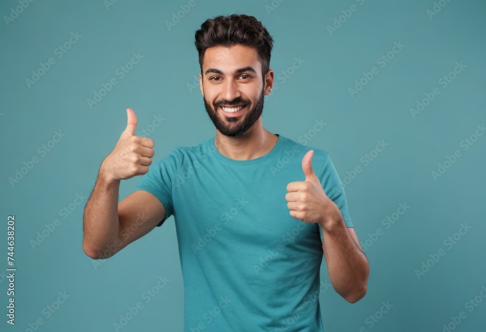 A bald man in a teal shirt gives a thumbs up, smiling confidently with a blurred background. - obrazy, fototapety, plakaty 
