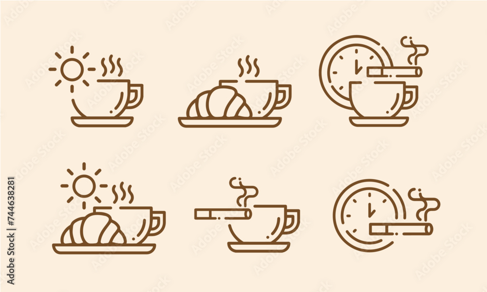 Coffee break set icons in flat style. Clock with coffee cup, Coffee with croissant, morning coffee break, time to coffee and tigarette. Breakfast time.