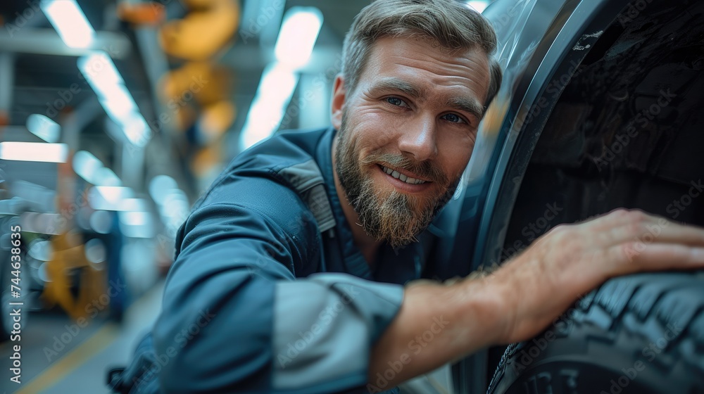 A smiling car mechanic changing a tire of car in a modern brightly lit car workshop. Generative AI. - obrazy, fototapety, plakaty 