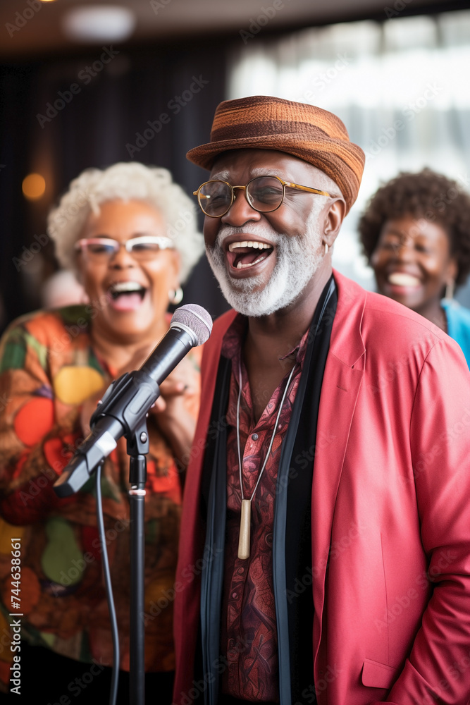Fototapeta premium Couple of seniors having a karaoke jam session at club.
