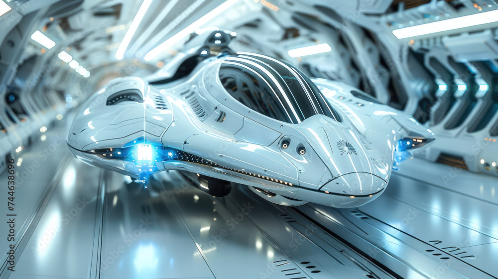 Futuristic spaceship, blue white colors. Generative AI. Futuristic spaceship, blue white colors. Generative AI.