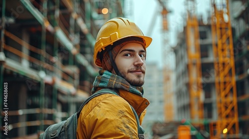 A builder in a helmet at construction site, scaffolding on the background. Generative AI. © visoot