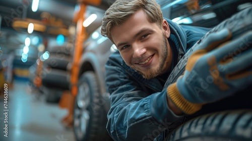 A smiling car mechanic changing a tire of car in a modern brightly lit car workshop. Generative AI.