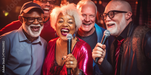 Group of five senior friends singing and dancing at karaoke club.
