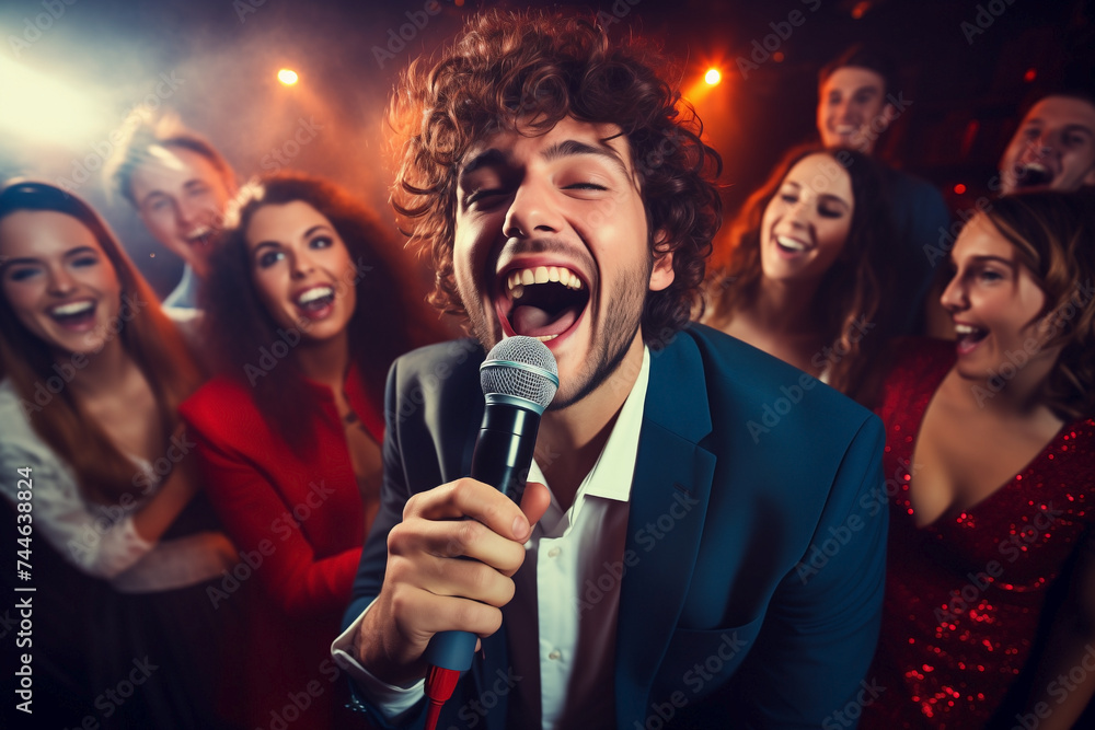 Group of eight friends serenading the crowd at karaoke club. Group of eight friends serenading the crowd at karaoke club.