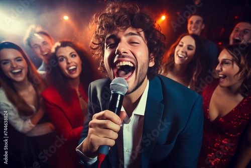 Group of eight friends serenading the crowd at karaoke club. © Cala Serrano