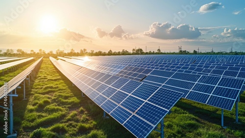 featuring solar power stations, capturing the essence of sustainable energy. Illustrate expansive fields of solar panels harnessing sunlight, symbolizing clean, renewable power photo