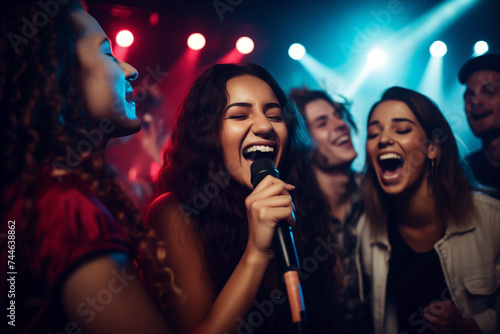 Group of five friends bonding over karaoke hits at club.