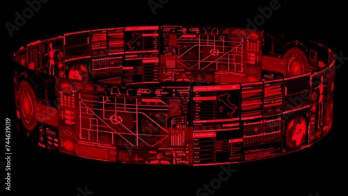 Ring futuristic maps, schemes and diagrams of the future. 3D animation.