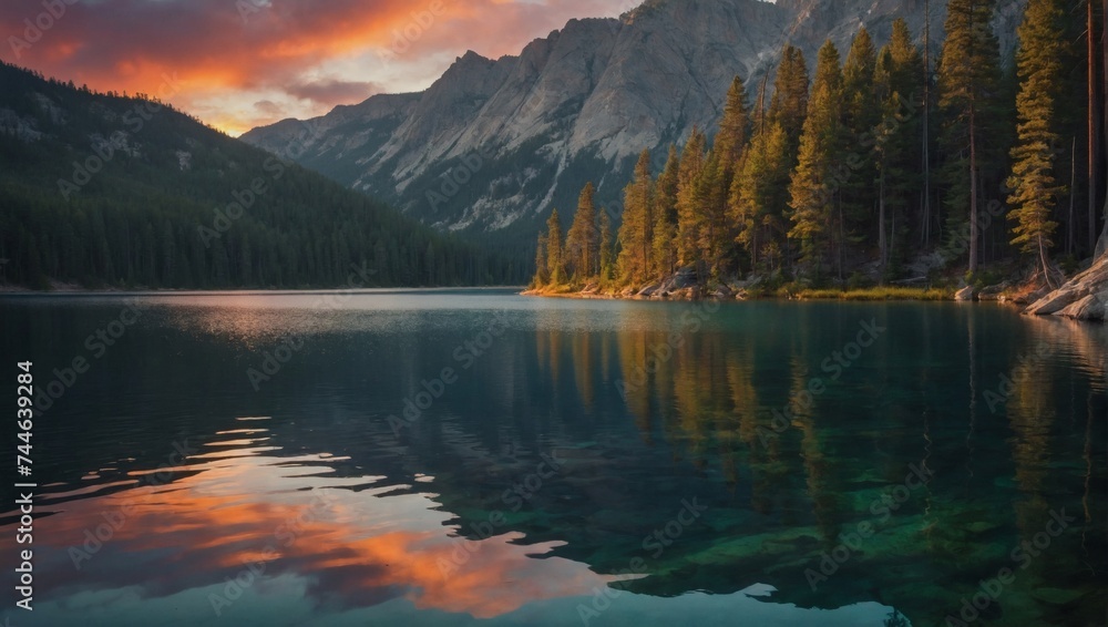 Serene mountain lake surrounded by pine trees and a colorful sunrise. Perfect for nature-themed blogs.  - obrazy, fototapety, plakaty 