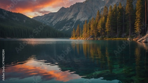 Serene mountain lake surrounded by pine trees and a colorful sunrise. Perfect for nature-themed blogs. 