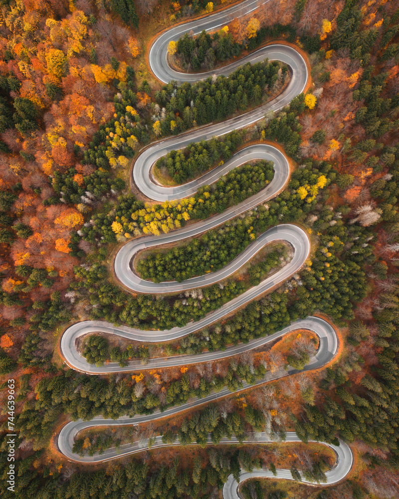 Aerial shot of a mountain winding road in autumn colors