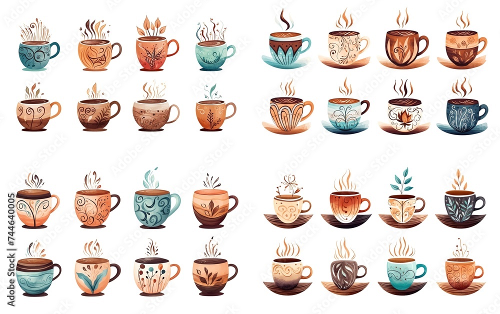 watercolor style illustration of glass of hot coffee with whipped cream, collection set, Generative Ai	
