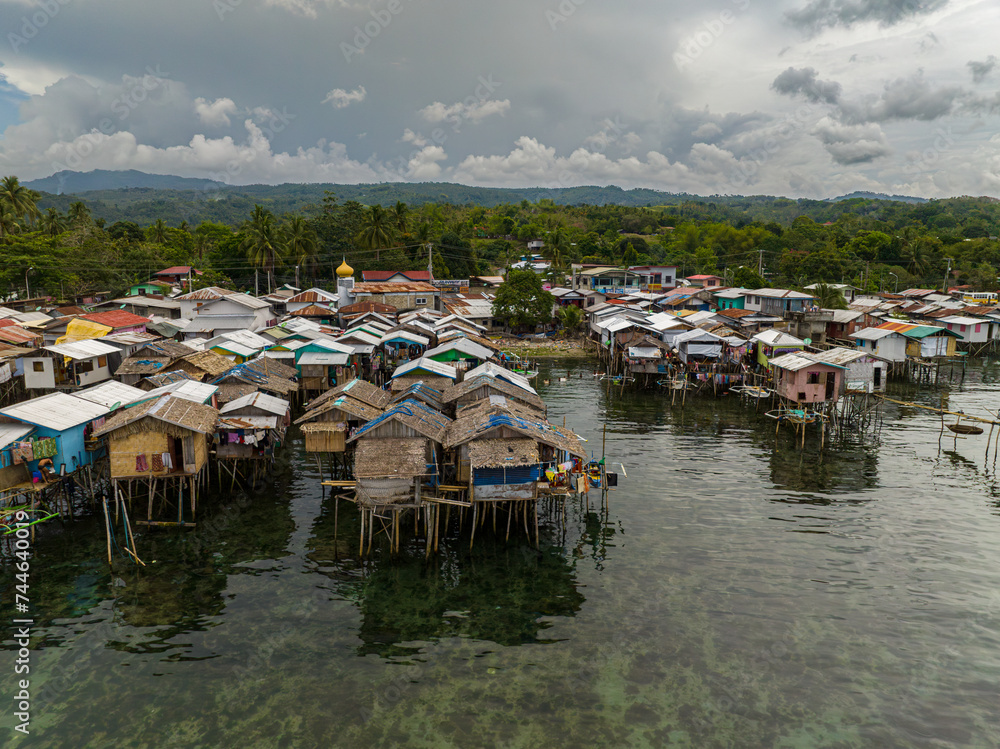 Wooden houses on stilts in Zamboanga. Mindanao, Philippines. Drone view.